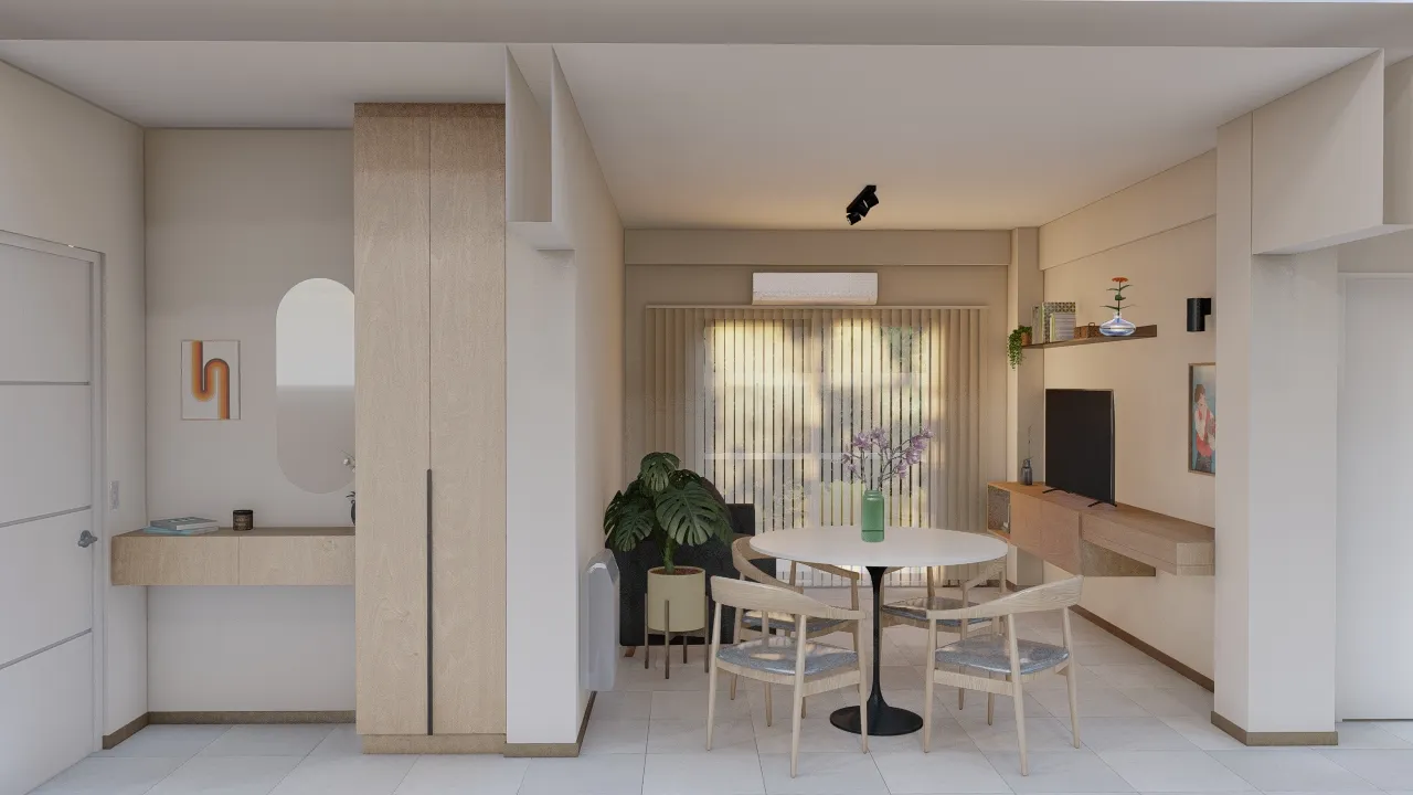Escritorio de arquitecto con planos, escalímetro, muestras de material y una planta